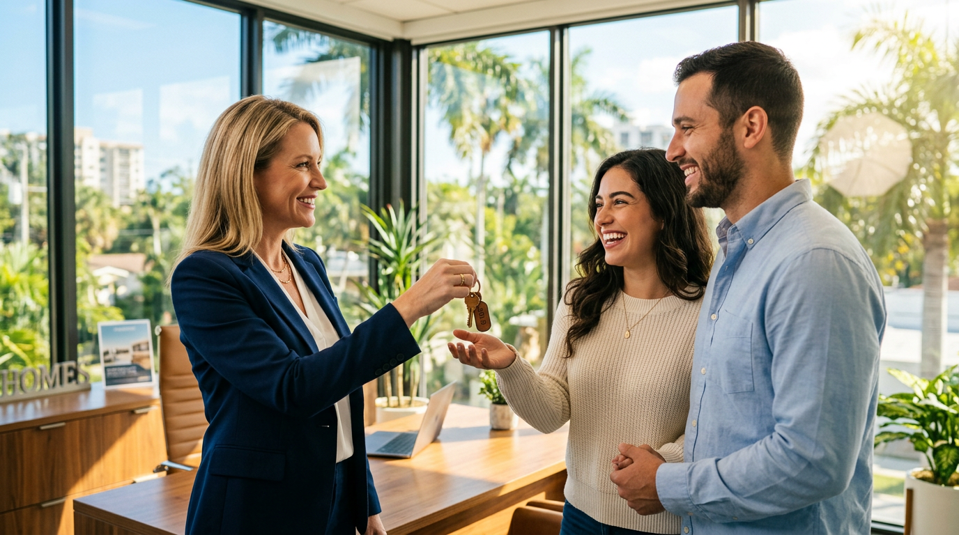 Realtor handing keys to happy homebuyers